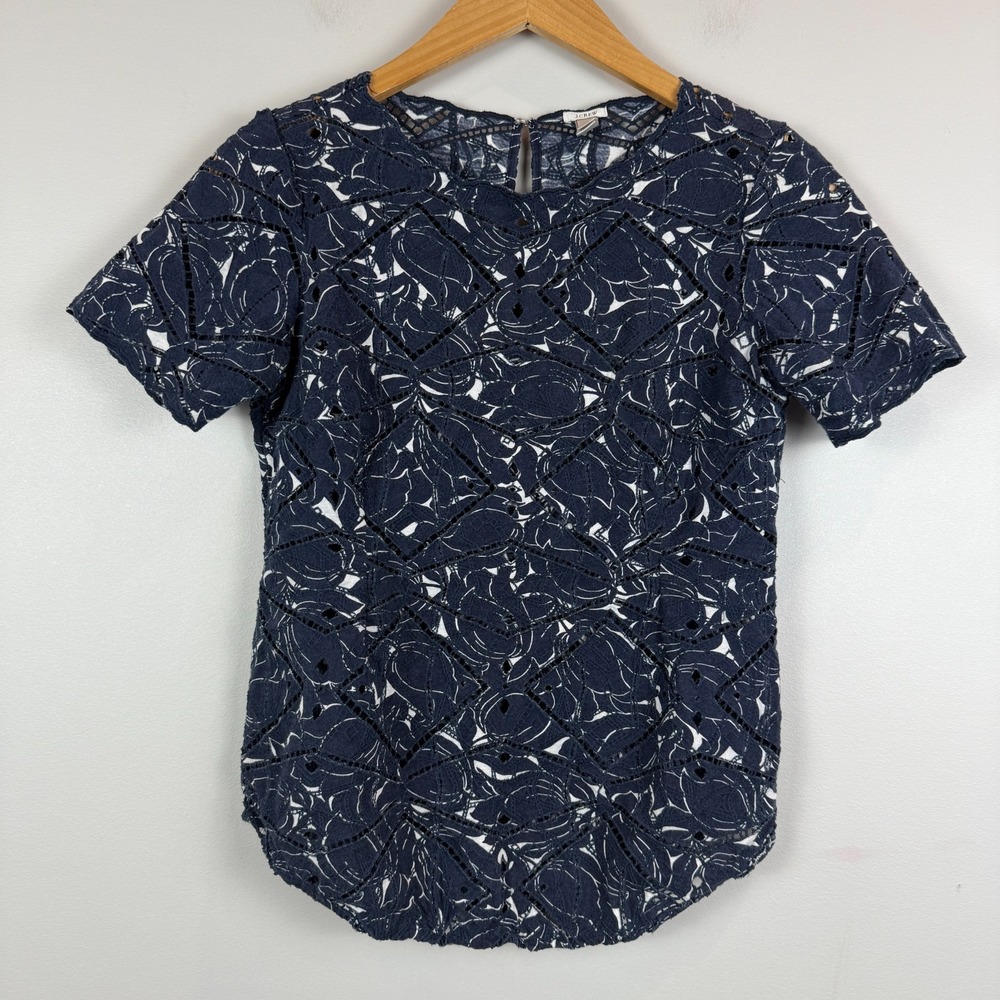 J.Crew Top Women's XS Navy White Printed Ladder Lace‎ Eyelet Embroidered Blouse